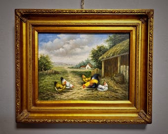 peinture à l'huile vintage de basse-cour, oeuvre d'art signée avec un coq et des poules, oeuvre d'art murale encadrée d'or, scène pastorale rustique, belle décoration d'intérieur européenne