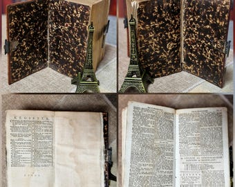 古書アンティーク 140年前の洋書 スペイン語 1884年 革表紙 讃美歌 聖書 1824年製 希少なアンティークオランダ語聖書と詩篇集、革装、銀の鍵