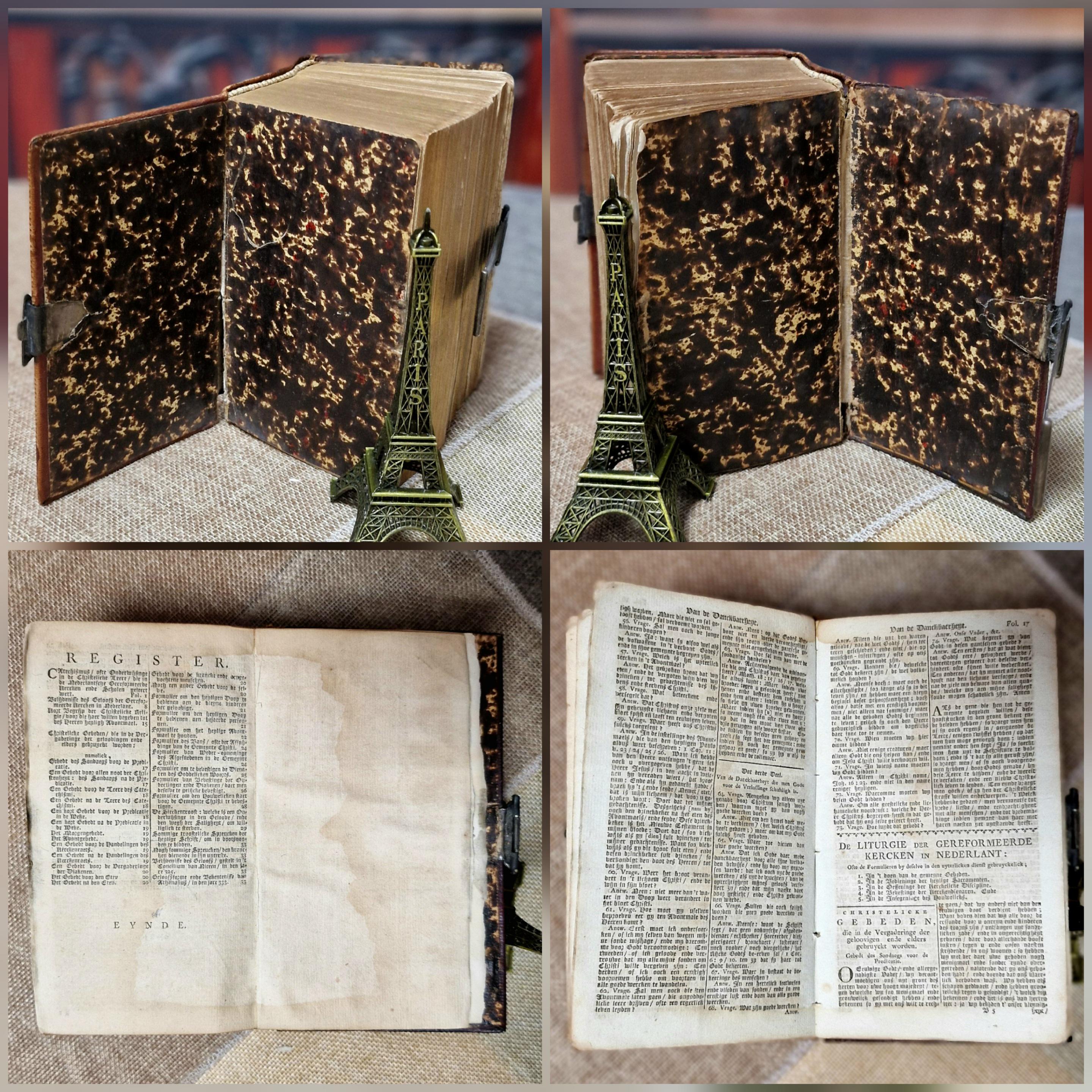 1824年製 希少なアンティークオランダ語聖書と詩篇集、革装、銀の鍵