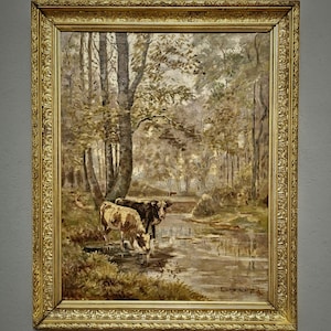 Antikes großes französisches Ölgemälde Goldrahmen Wald Herbstlandschaft mit Kühen Vintage signiertes Kunstwerk Wandkunst für Wohnkultur einzigartiges Geschenk