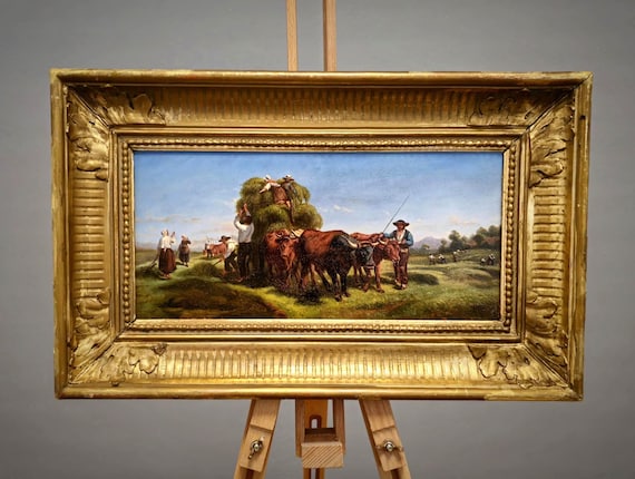 アンティーク絵画 牛の油絵アート、木製パネルに描かれたイタリアのアンティーク油絵