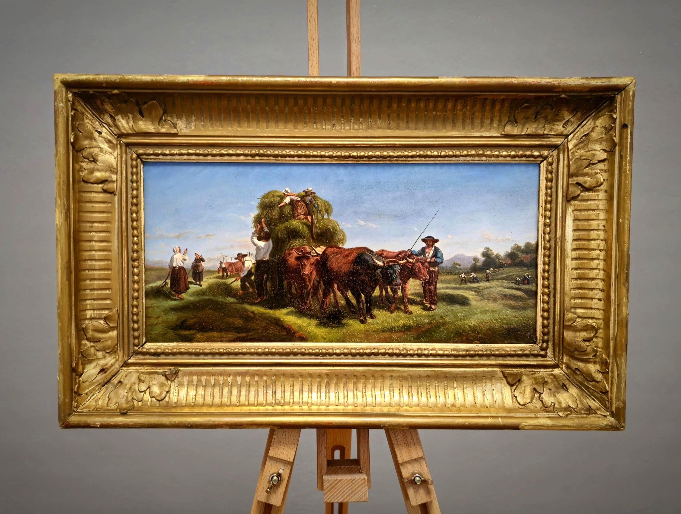 牛の油絵アート、木製パネルに描かれたイタリアのアンティーク油絵