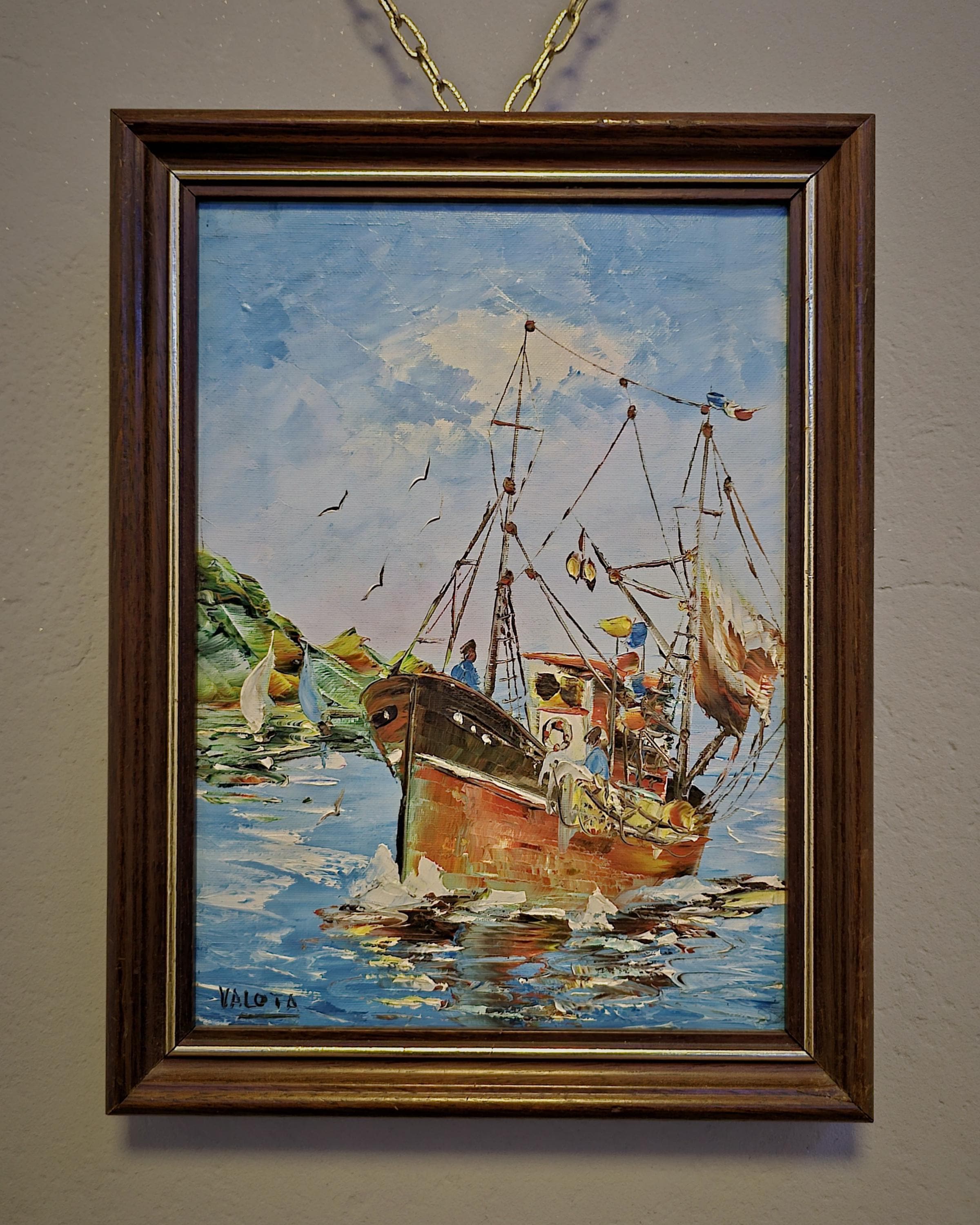 ヴィンテージのフランスの航海油絵、サイン入り漁船、海岸アート