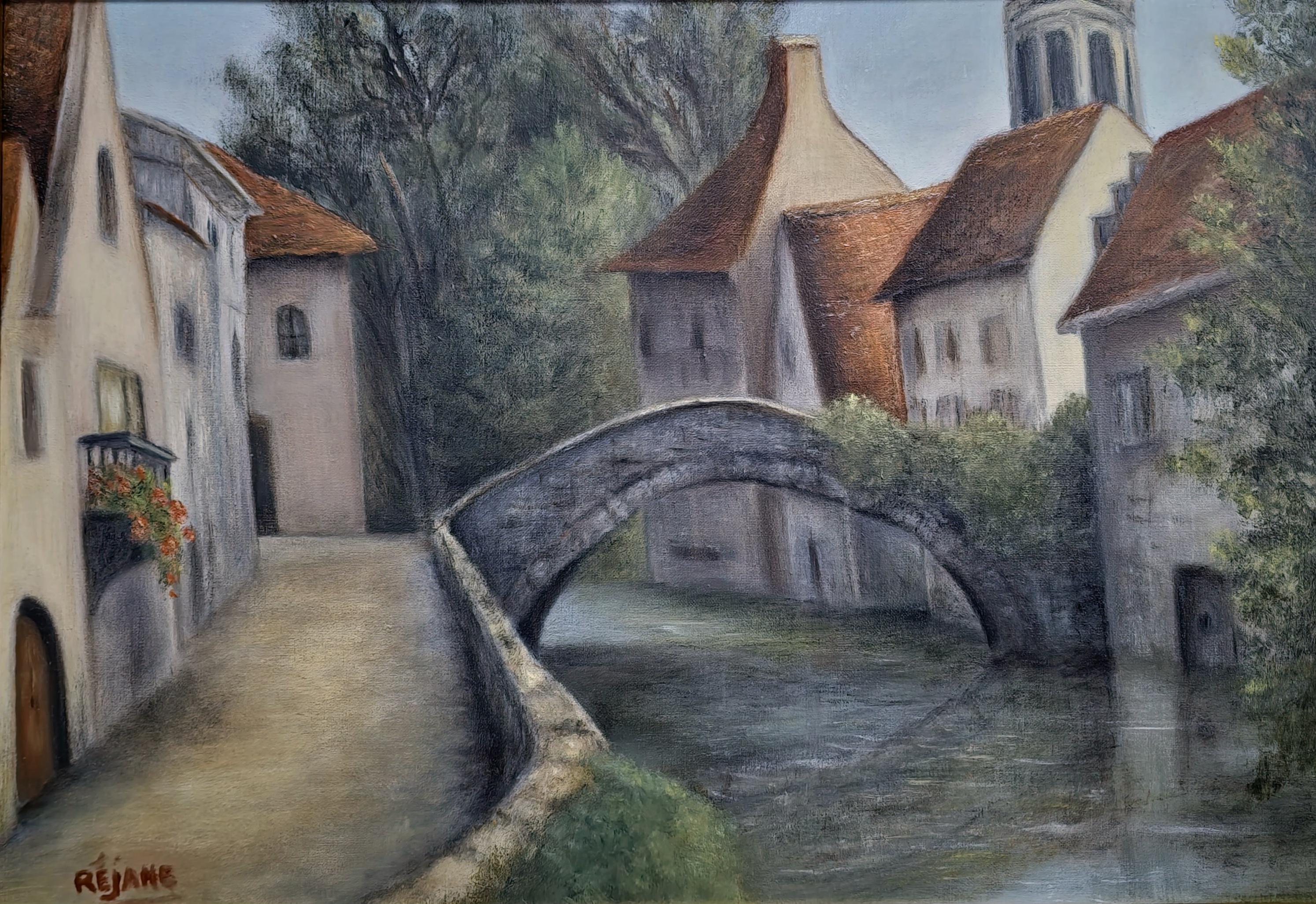 アンティーク油絵、ヴィンテージ印象派風景画、ゴールドフレームの