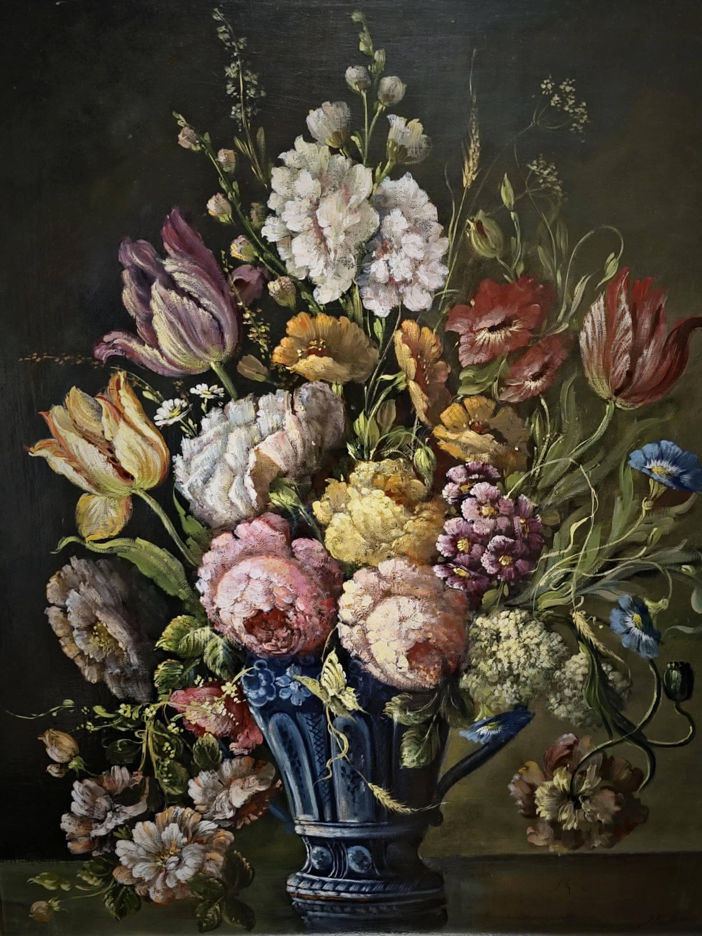 Antique Dutch Floral Still Life Oil Painting, Signed Flower