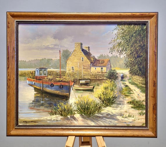 Vintage French Boats Painting, Original Oil Painting, Brittany Harbor Scene, Above Bed Decor, 1940s Nautical Artwork, Housewarming Art Gift