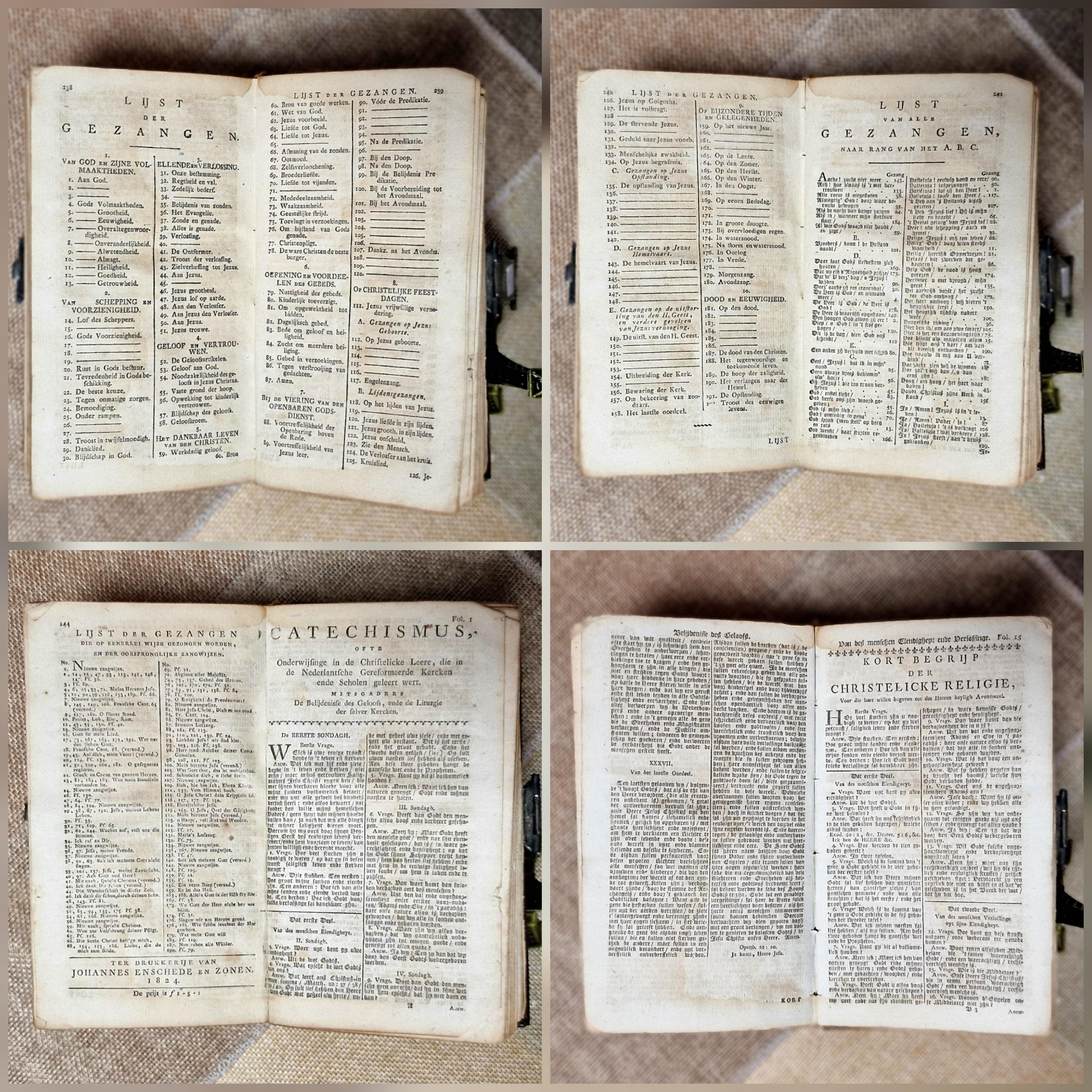1824年製 希少なアンティークオランダ語聖書と詩篇集、革装、銀の鍵