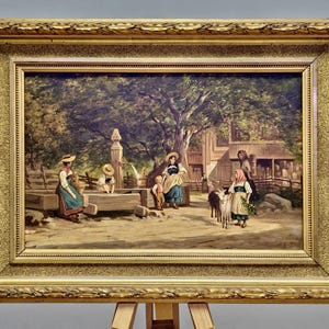 Antique European Scene Painting Art, Original Swiss Countryside Art, Oil Painting On Canvas, 19thC Painting Artwork Decor