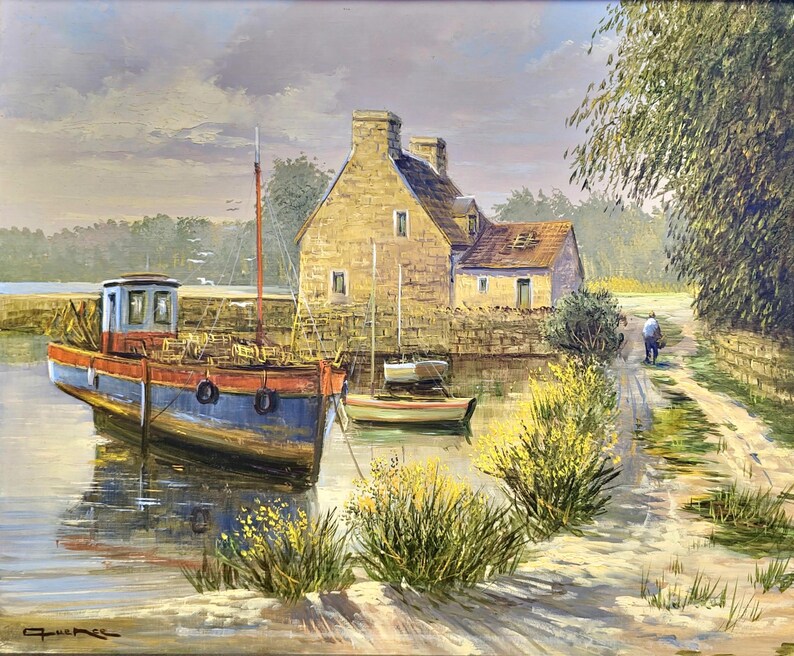 May include: Oil painting of a coastal scene featuring a blue and red fishing boat docked near a stone building. A smaller sailboat is moored nearby. A person walks along a path beside the water, with yellow flowers in the foreground.