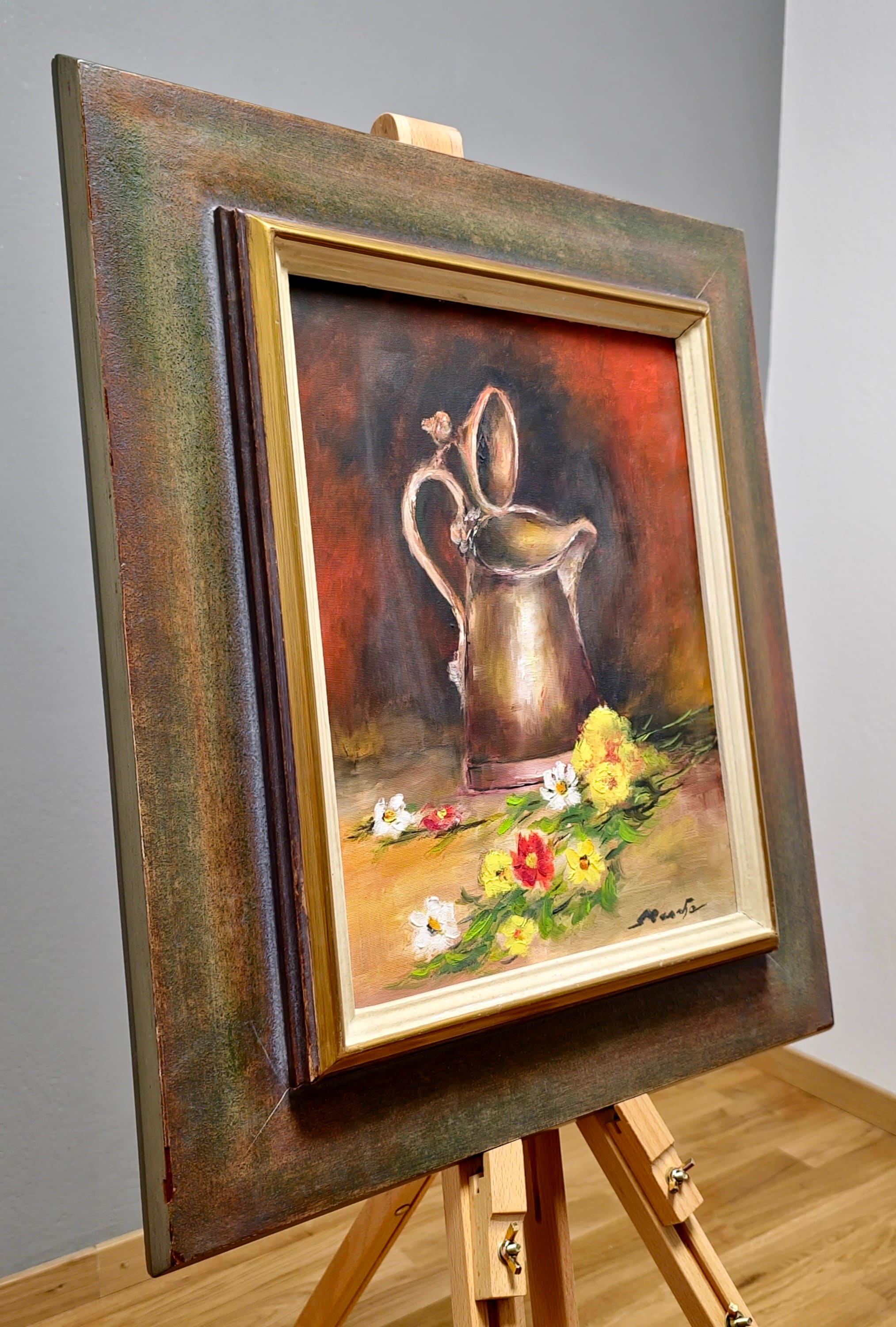 ヴィンテージのフランス製静物油絵、素朴な水差しと花、額装済みアート