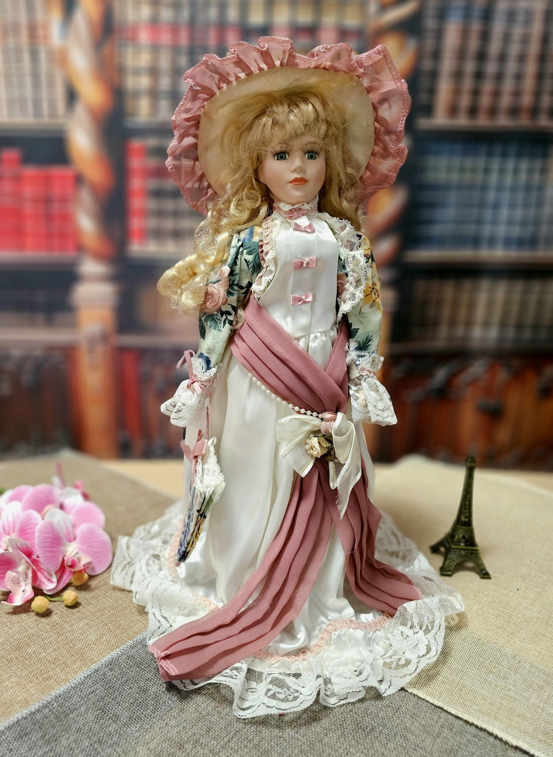 Vintage French Porcelain Doll With Parasol, Victorian Lady