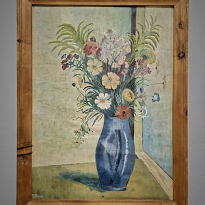 アンティークな大型スイス製静物油絵、花瓶に入った花束、サイン入りアートワーク、エレガントな壁アート、室内装飾、ユニークなギフトアイデア