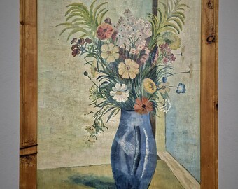 絵画 油絵　グラジョウラス 花瓶に飾られたグラジオラスの花の絵画、ヴィンテージの額入り花の油絵