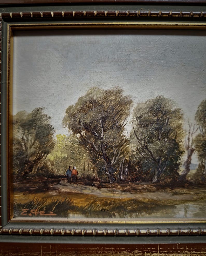 Stunning vintage landscape painting on panel signed by the artist, perfect for fans of collectible fine art and rustic European scenery. Ideal for classic interior styles, this original mid-century painting adds warmth to any space with its soft earth tones and harmonious composition. An excellent choice for gift ideas on housewarming, anniversaries, or birthdays, especially for relatives, art collectors, or vintage lovers seeking original artwork for sale.