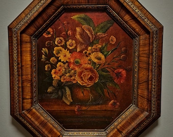 フランスのヴィンテージ花の油絵、青い花瓶のバラ、1930年代の署名入り