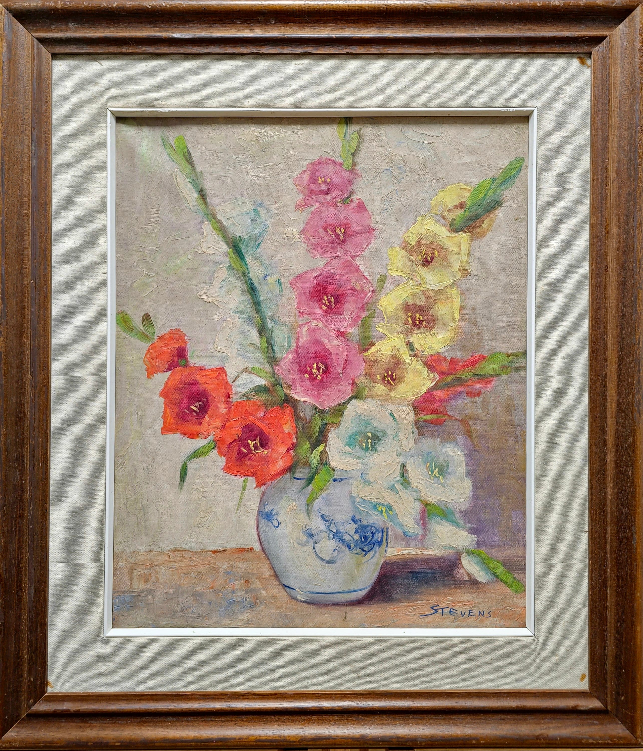 絵画 油絵　グラジョウラス 花瓶に飾られたグラジオラスの花の絵画、ヴィンテージの額入り花の油絵