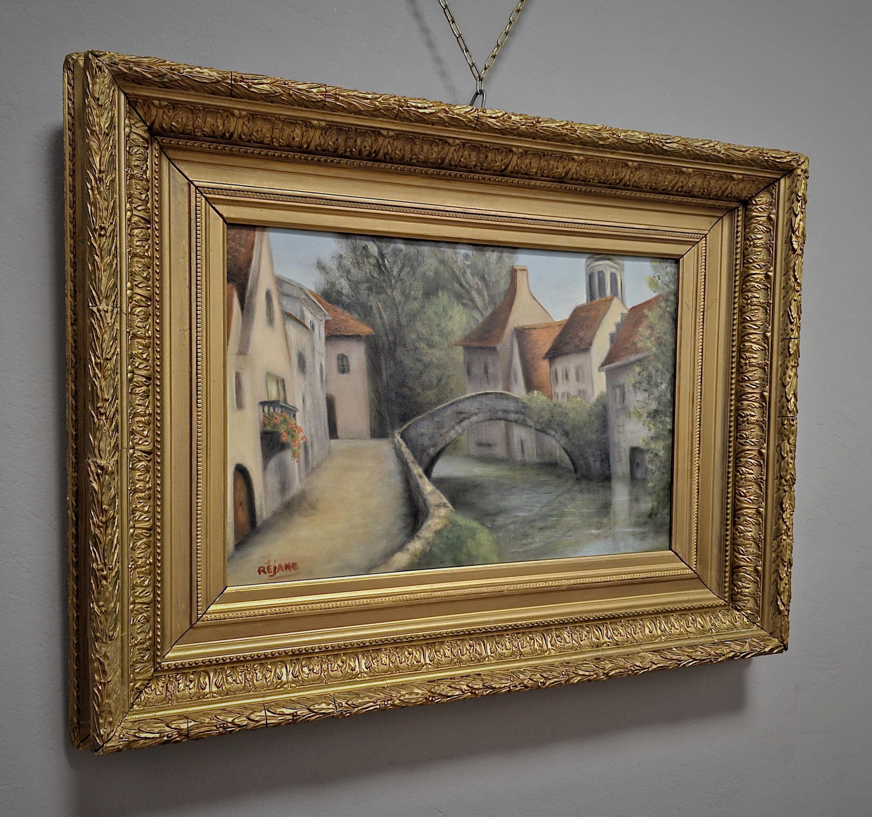 アンティーク油絵、ヴィンテージ印象派風景画、ゴールドフレームの