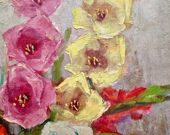 花瓶に飾られたグラジオラスの花の絵画、ヴィンテージの額入り花の油絵