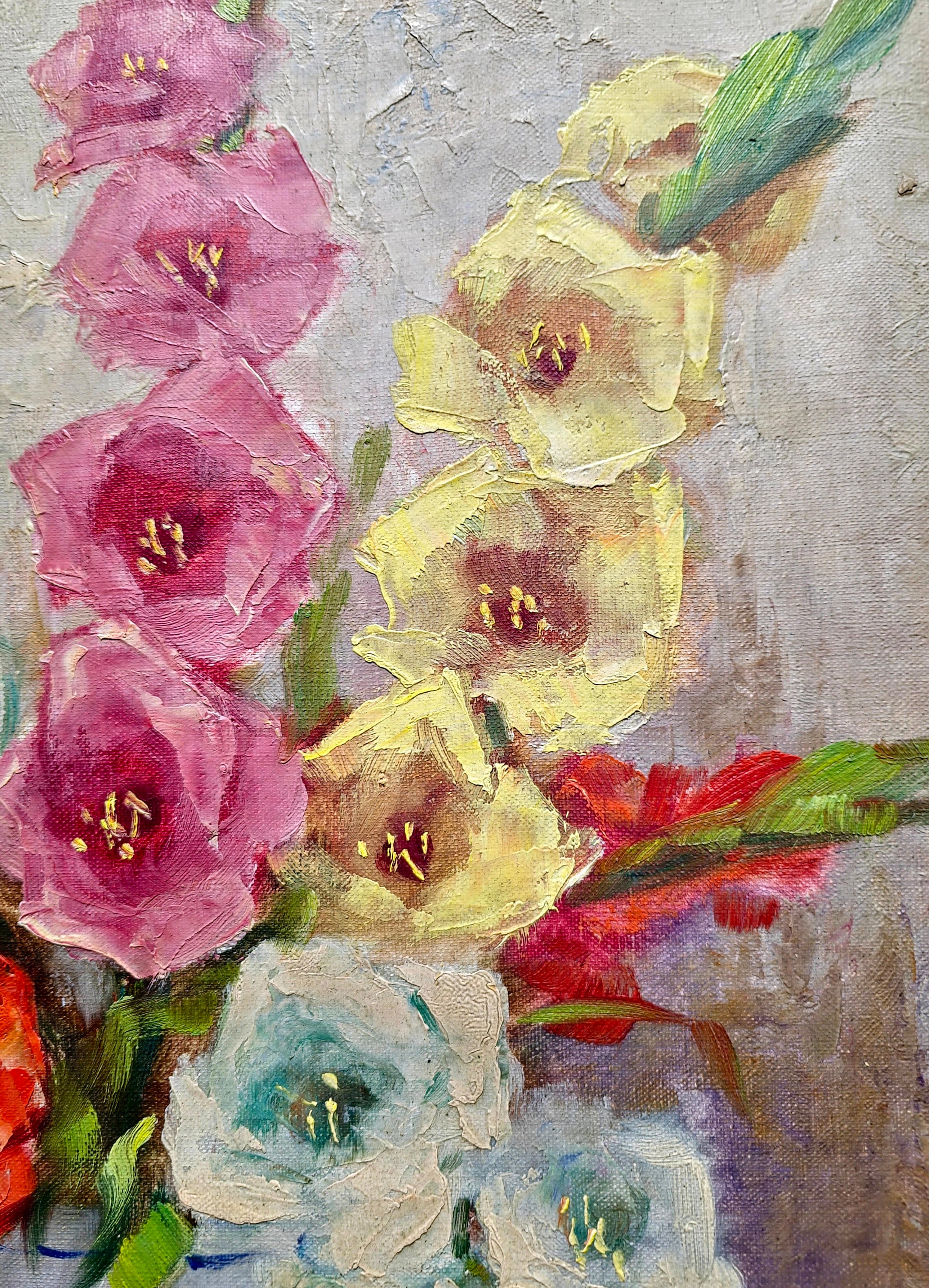 花瓶に飾られたグラジオラスの花の絵画、ヴィンテージの額入り花の油絵