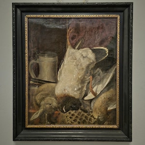 アンティークオランダ風ダークムーディな静物油絵、19世紀ヴィンテージ