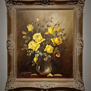 presents a Large Vintage Floral Oil Painting featuring a radiant Yellow Roses Still Life in a glass vase against a deep background, executed in Mid Century European style, showcasing rich tones and expressive brushwork, ideal for collectors of antique original paintings for collectors, floral wall decor, and original artwork for sale, suitable for living room interior, classic home styling, or as a gift for art lovers, family members, or interior designers