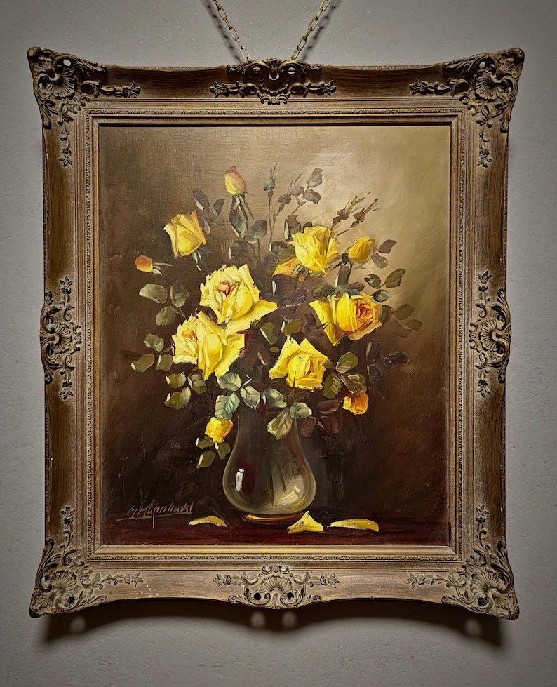 presents a Large Vintage Floral Oil Painting featuring a radiant Yellow Roses Still Life in a glass vase against a deep background, executed in Mid Century European style, showcasing rich tones and expressive brushwork, ideal for collectors of antique original paintings for collectors, floral wall decor, and original artwork for sale, suitable for living room interior, classic home styling, or as a gift for art lovers, family members, or interior designers