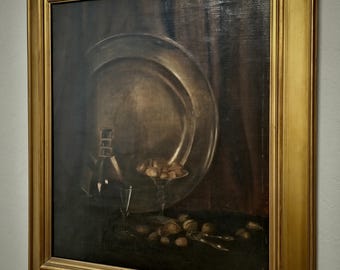 19世紀のアンティークなオランダ風の暗く陰鬱な静物油絵、ヴィンテージ