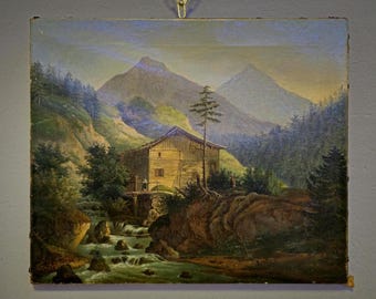 大型アンティークフランス風景油絵、署名入りリバー印象派アート