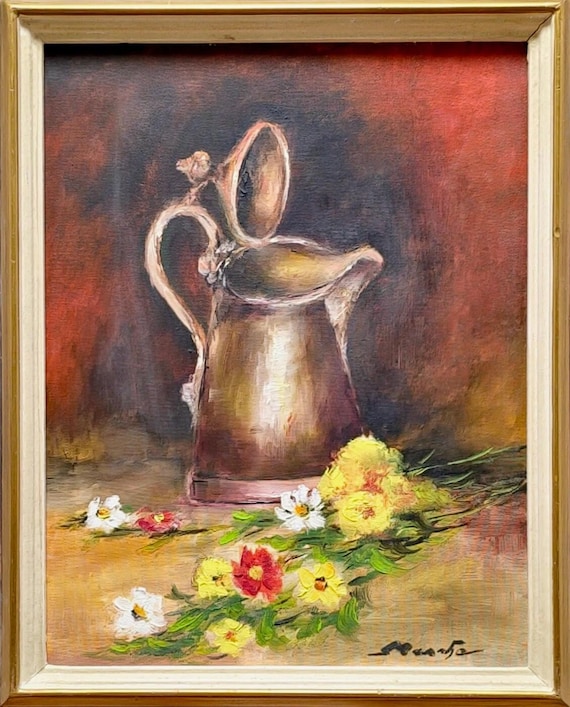 ヴィンテージの静物画、素朴な水差しのキッチン装飾、額入りの花の油絵