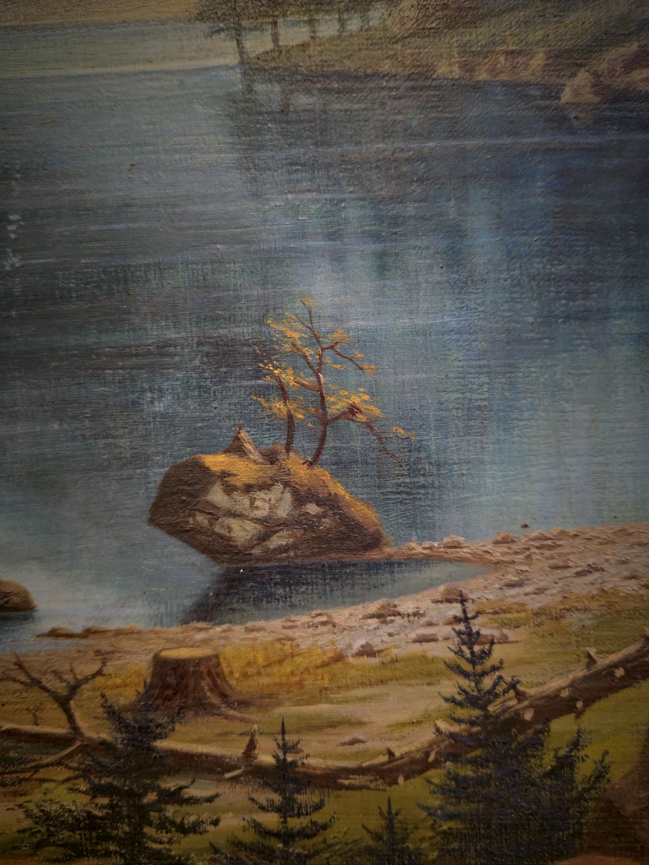 Mountain Landscape Painting, Forest Lake Antique Oil