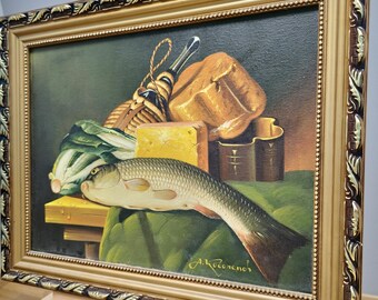 ヴィンテージヨーロッパ静物油絵キャンバス、柔らかな色合いの魚