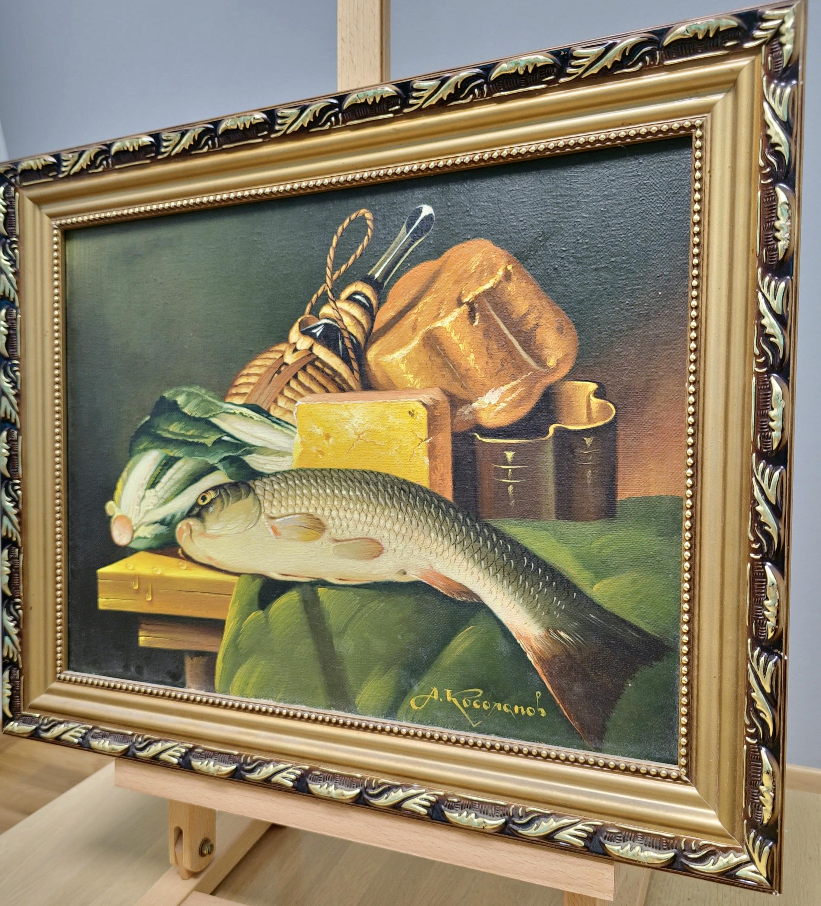 ヴィンテージヨーロッパの静物油絵キャンバス、柔らかく落ち着いた魚と 