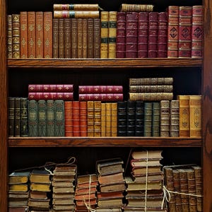 May include: A wooden bookshelf filled with antique books. The books are bound in various colors, including brown, red, green, and gold. Some books are stacked, while others are neatly arranged on the shelves. The bookshelf is made of dark wood.