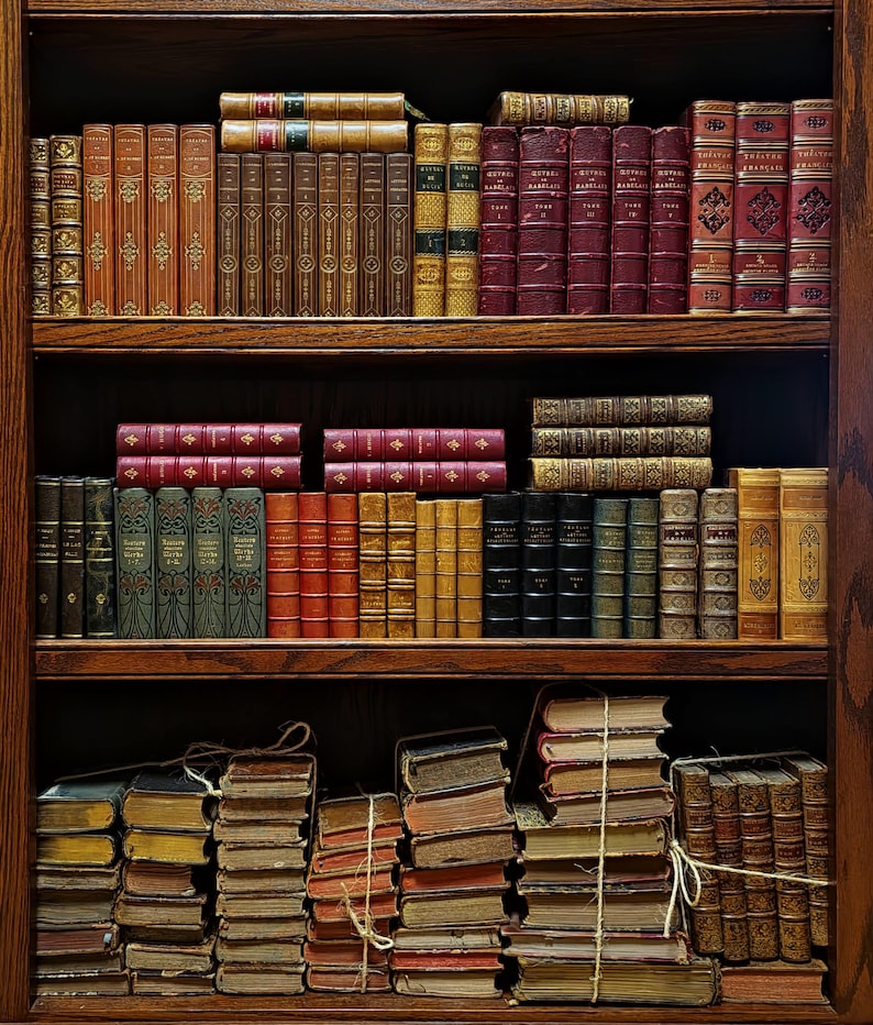 May include: A wooden bookshelf filled with antique books. The books are bound in various colors, including brown, red, green, and gold. Some books are stacked, while others are neatly arranged on the shelves. The bookshelf is made of dark wood.