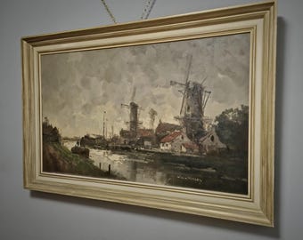 ヴィンテージの大型オランダ川風景油絵、サイン入りオリジナル風車