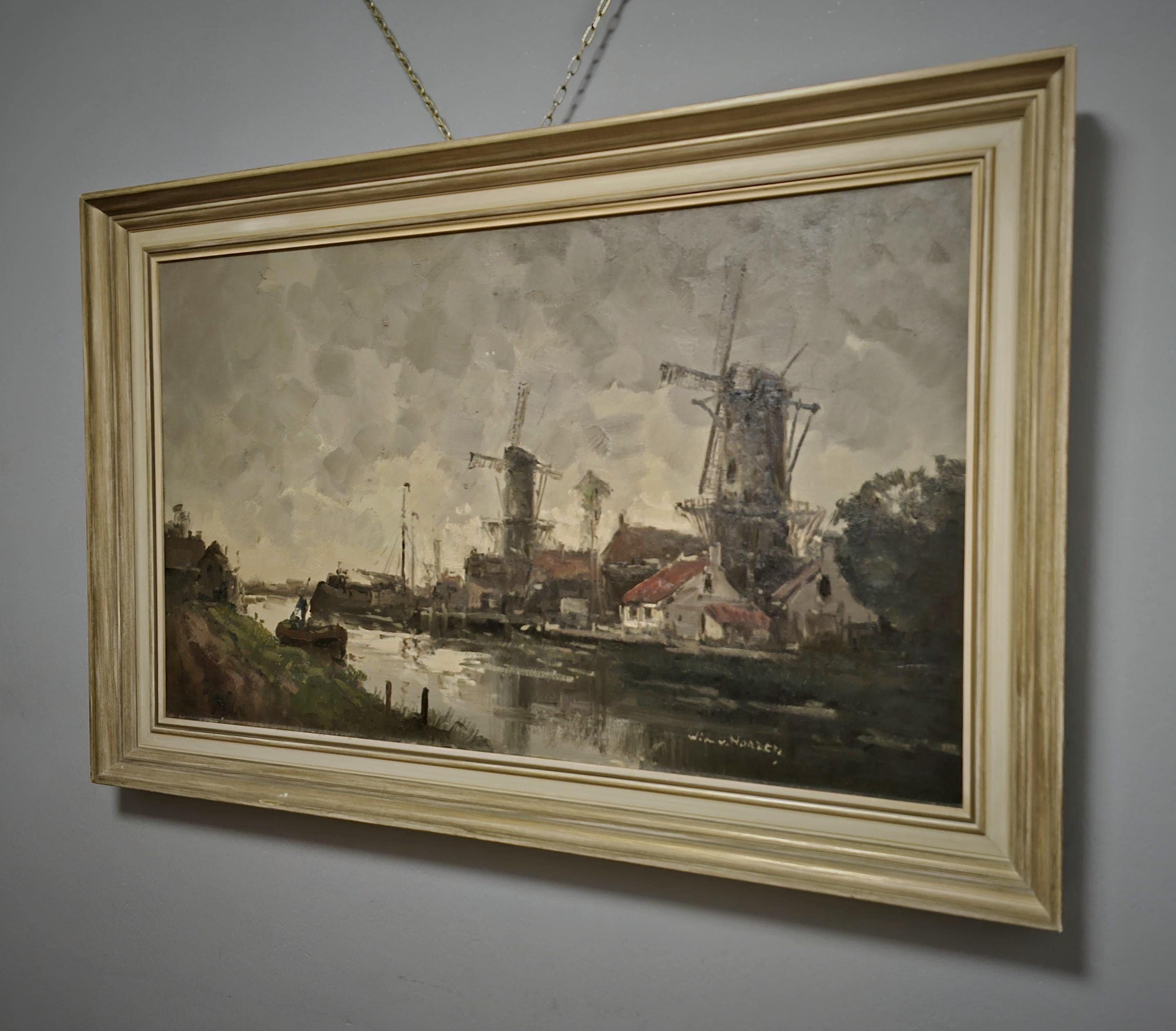 ヴィンテージの大型オランダ川風景油絵、サイン入りオリジナル風車
