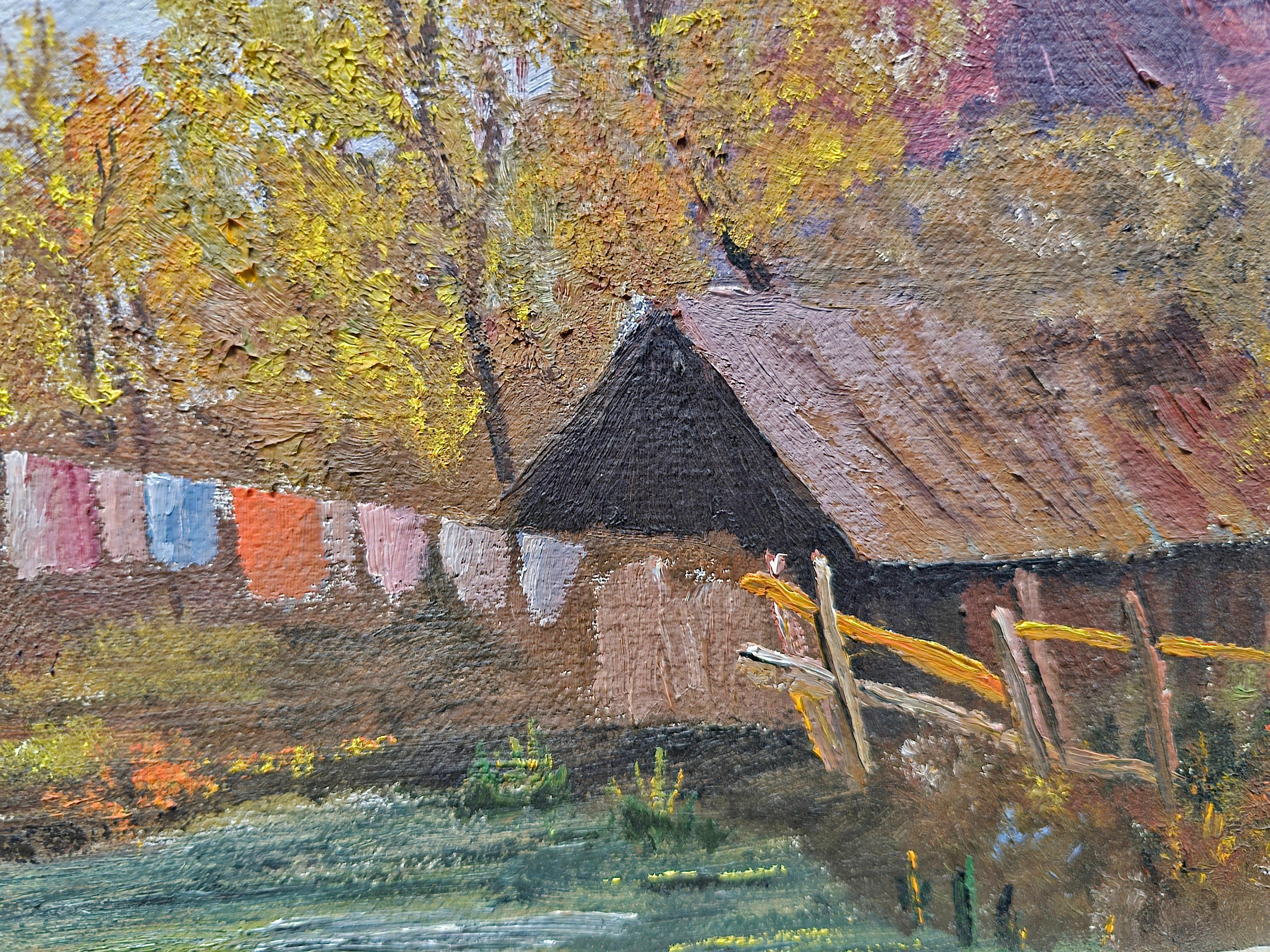 ヴィンテージのフランスアルプスの油絵、山小屋の風景、額装アート