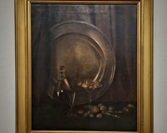 アンティークオランダ風ダークムーディな静物油絵、19世紀ヴィンテージ