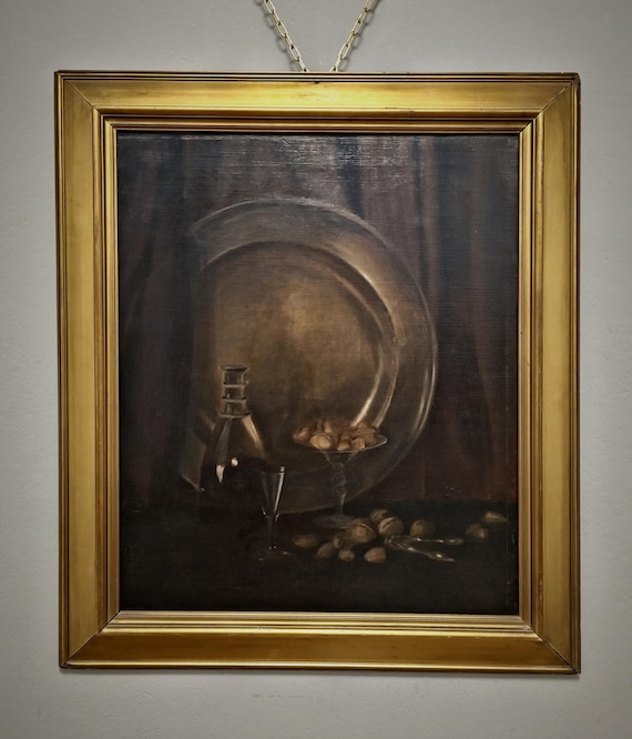 アンティーク オランダ ダーク ムーディ 静物油絵、19 世紀