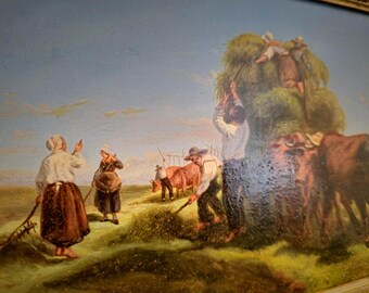 牛の油絵アート、木製パネルに描かれたイタリアのアンティーク油絵