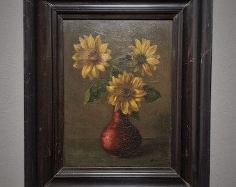 フランスのヴィンテージ花の油絵、青い花瓶のバラ、1930年代の署名入り