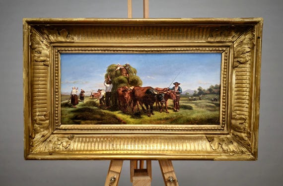 牛の油絵アート、木製パネルに描かれたイタリアのアンティーク