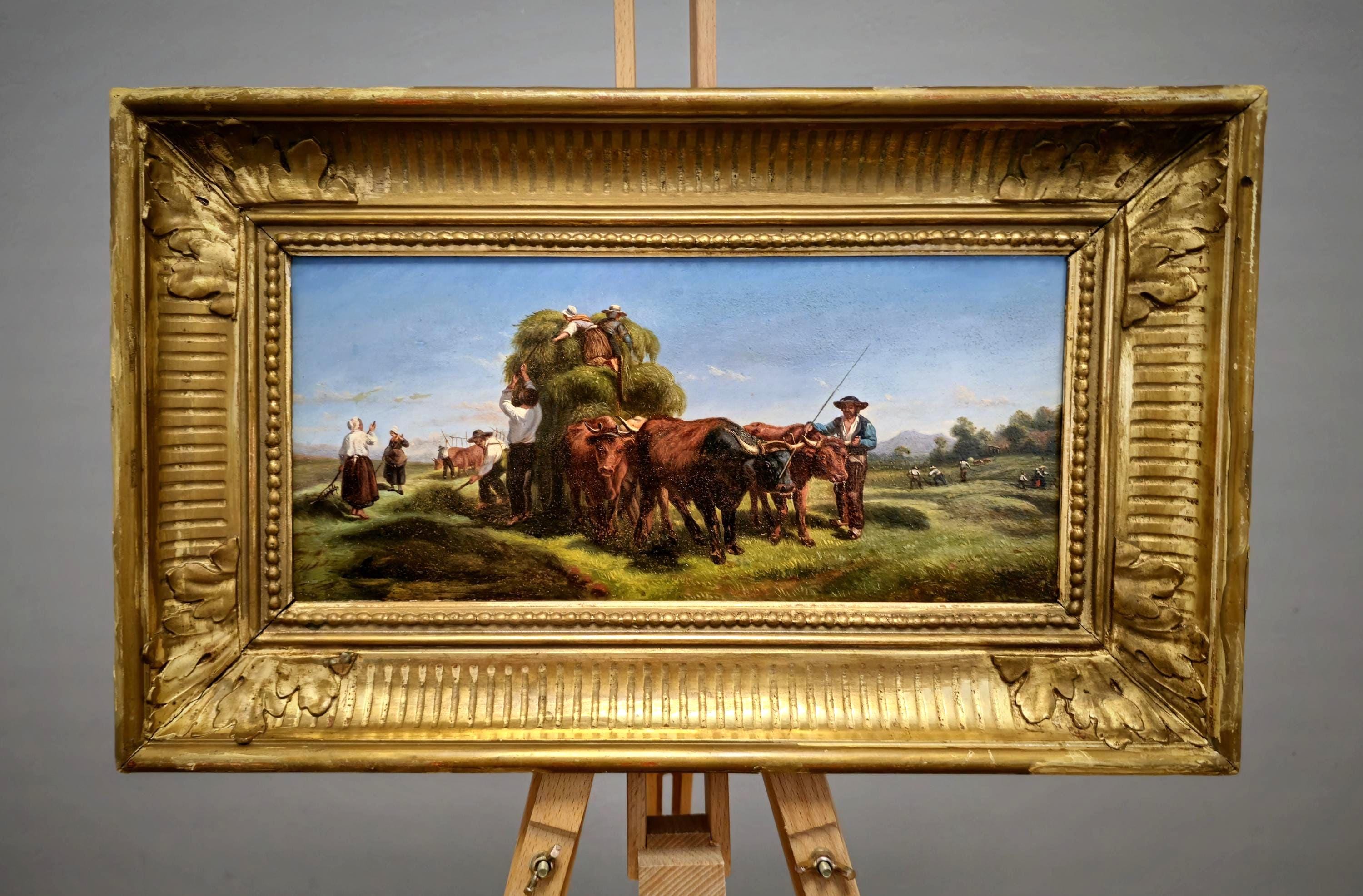 本物　アンリ・ジネステ　油絵　絵画　アンティーク　インテリア　家具　アート 牛の油絵アート、木製パネルに描かれたイタリアのアンティーク