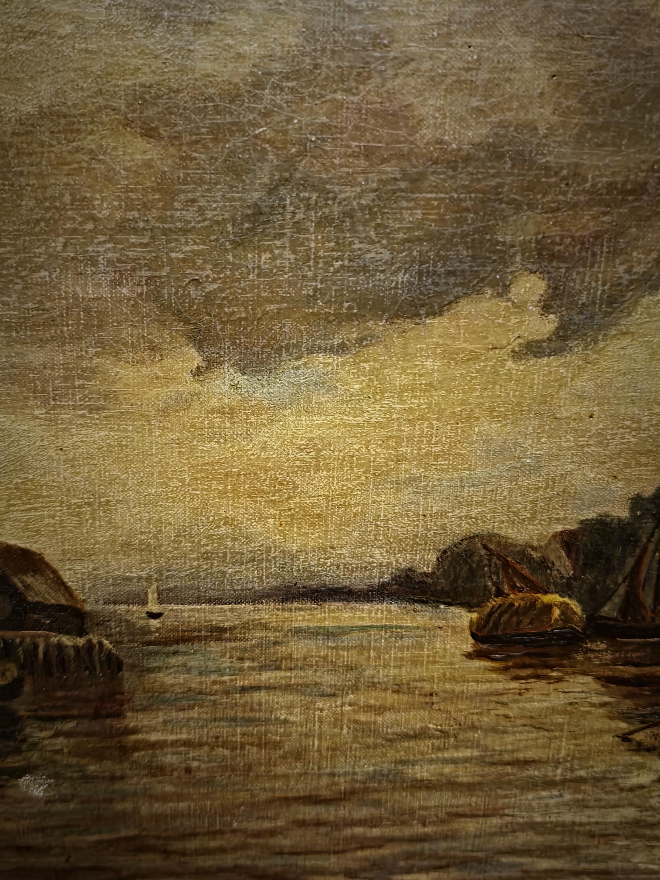 Antique Dutch Canal Oil Painting, Flemish Landscape, Signed River