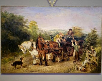 Antique British Oil Painting Horse Scene, Signed Victorian Pastoral Landscape, 19th Century Rural Artwork, Original Fine Art