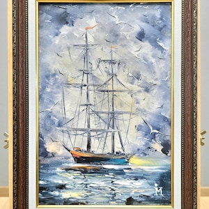 Original Sailing Ship Painting, Original Oil Painting, Ship at Sea Artwork, Nautical Framed Painting On Canvas, Perfect Gift for Art Lovers