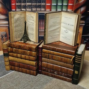 Antique French Leather Bound Books, 17th–20th Century, Dark Academia Bookshelf Decor, Vintage Library Collection for Interior Design image 11