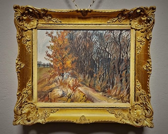 Pintura al óleo de paisaje otoñal vintage, obra de arte original firmada con marco dorado, escena de sendero forestal, decoración de pared de mediados de siglo, arte rústico de granja.