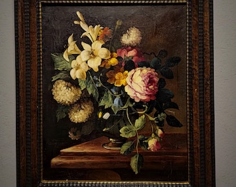 油絵　静物画　額装済み ヴィンテージのオランダ製花柄油絵、1939年作の静物画、装飾的な金色の