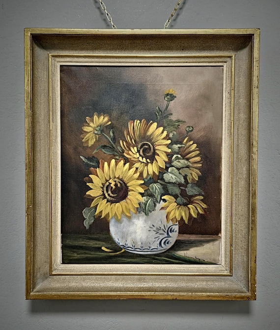 ヴィンテージひまわりの絵画、キャンバスに描かれたオリジナルの花の